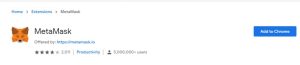 صفحه فروشگاه Chrome Web Store برای افزودن افزونه MetaMask با بیش از پنج میلیون کاربر