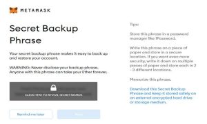 صفحه نمایش عبارت پشتیبان مخفی در متامسک با هشدار امنیتی برای نگهداری امن عبارت