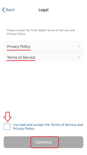 صفحه قوانین کیف پول تراست شامل Privacy Policy و Terms of Service پیش از ایجاد کیف پول