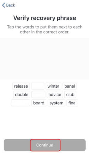مرحله تأیید ترتیب صحیح کلمات بازیابی در کیف پول تراست قبل از ایجاد نهایی