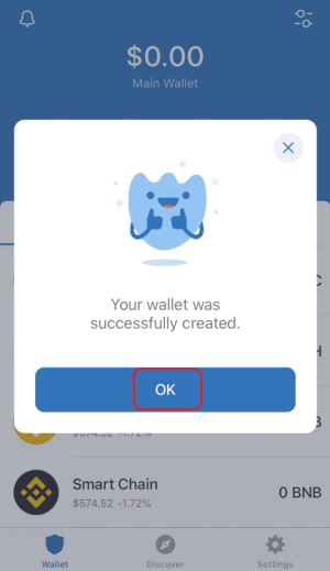 پیام موفقیتآمیز بودن ساخت کیف پول جدید در Trust Wallet با نمایش موجودی صفر