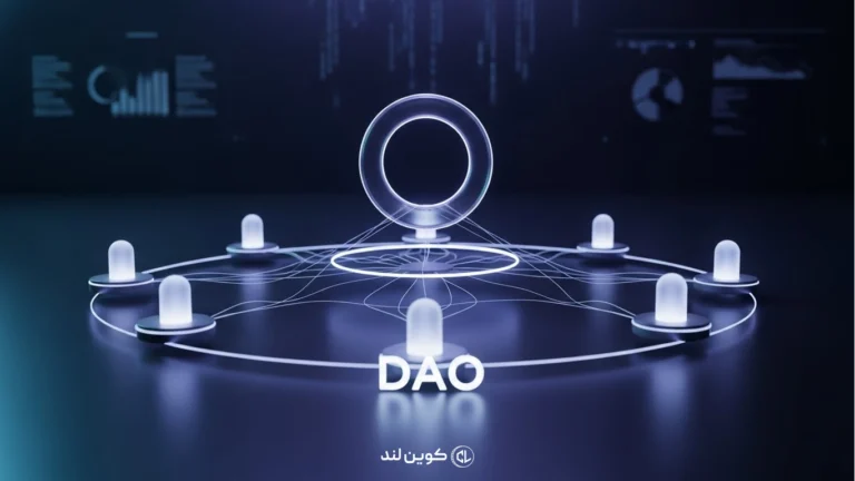 نمای مفهومی DAO یا سازمان خودگردان غیرمتمرکز با ساختار شبکه‌ای و حاکمیت مبتنی بر بلاکچین