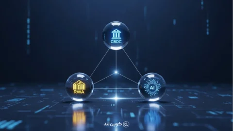 تصویر مفهومی از آینده بلاکچین با نمایش همگرایی ارز دیجیتال بانک مرکزی (CBDC)، دارایی‌های واقعی توکنیزه‌شده (RWA) و هوش مصنوعی