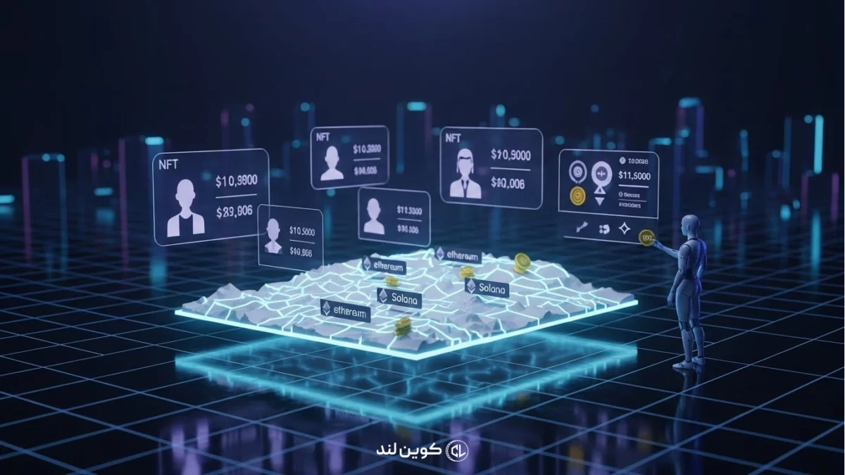 تصویر مفهومی از متاورس و اقتصاد دیجیتال با نمایش NFT، بلاکچین، اتریوم و سولانا در یک فضای سه‌بعدی آینده‌نگر