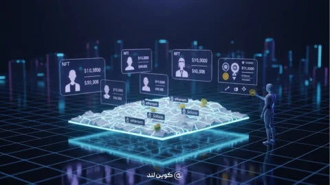 تصویر مفهومی از متاورس و اقتصاد دیجیتال با نمایش NFT، بلاکچین، اتریوم و سولانا در یک فضای سه‌بعدی آینده‌نگر