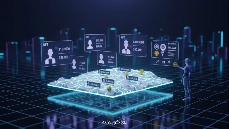 تصویر مفهومی از متاورس و اقتصاد دیجیتال با نمایش NFT، بلاکچین، اتریوم و سولانا در یک فضای سه‌بعدی آینده‌نگر