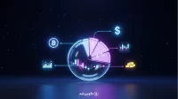 تصویر گرافیکی از یک کره دیجیتال با نمودارهای کندل‌استیک و آیکون‌های بیت‌کوین، دلار، طلا و بازارهای مالی که مفهوم تنوع‌بخشی سبد سرمایه‌گذاری را نشان می‌دهد.